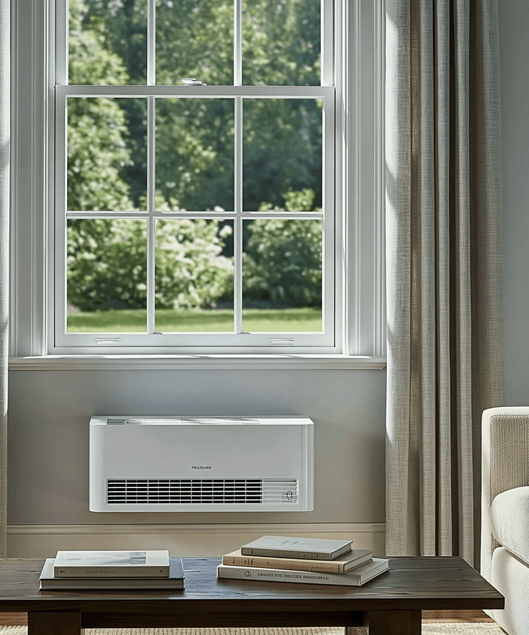 Wall-mounted air-conditioning unit below a window
